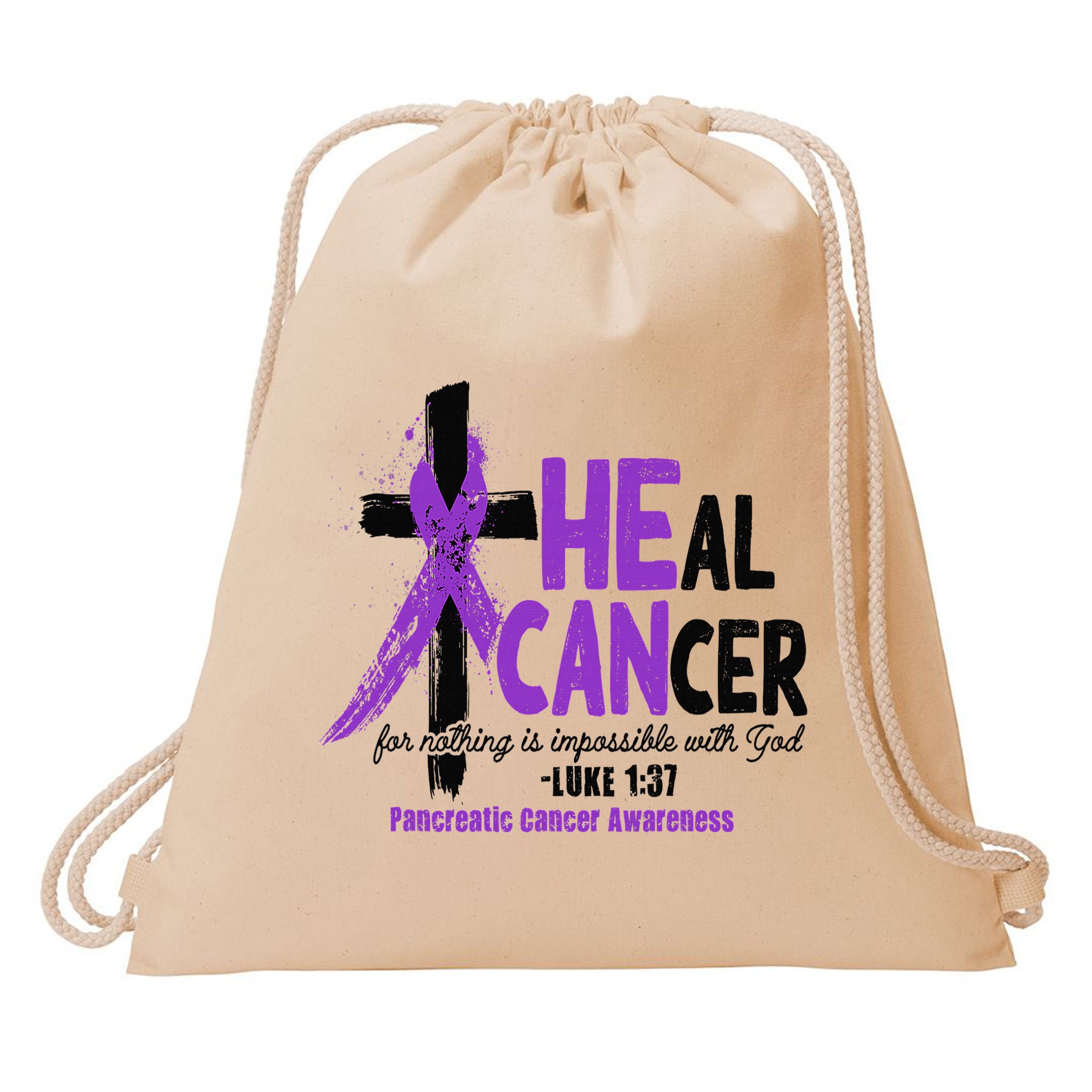 Christian Cross Pancreatic Cancer Awareness Purple Ribbon Drawstring Bag