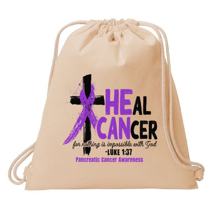 Christian Cross Pancreatic Cancer Awareness Purple Ribbon Drawstring Bag