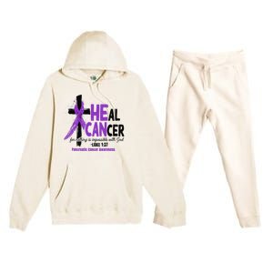 Christian Cross Pancreatic Cancer Awareness Purple Ribbon Premium Hooded Sweatsuit Set