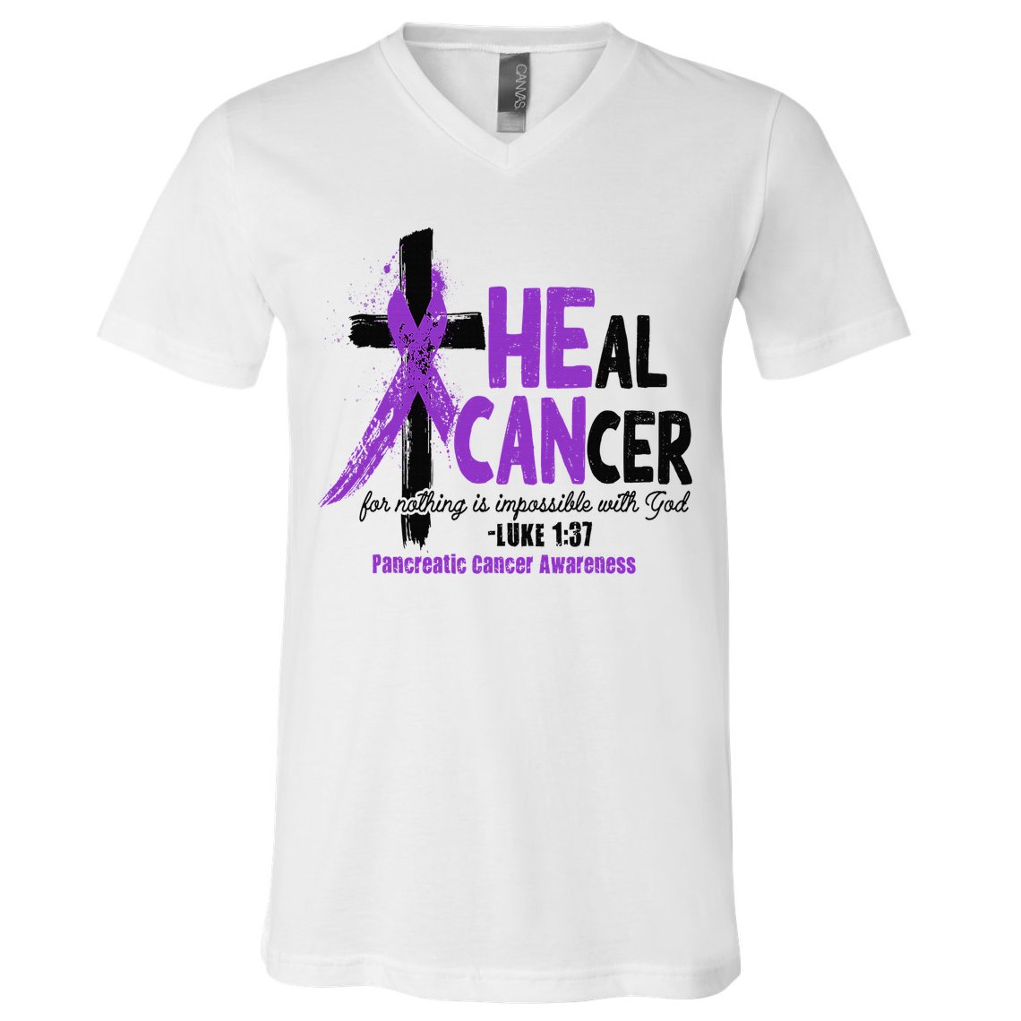 Christian Cross Pancreatic Cancer Awareness Purple Ribbon V-Neck T-Shirt