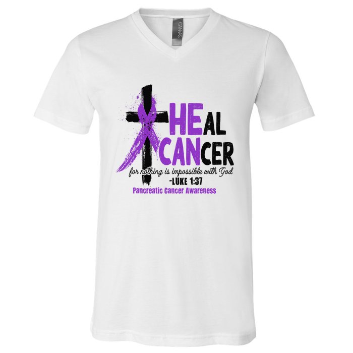 Christian Cross Pancreatic Cancer Awareness Purple Ribbon V-Neck T-Shirt