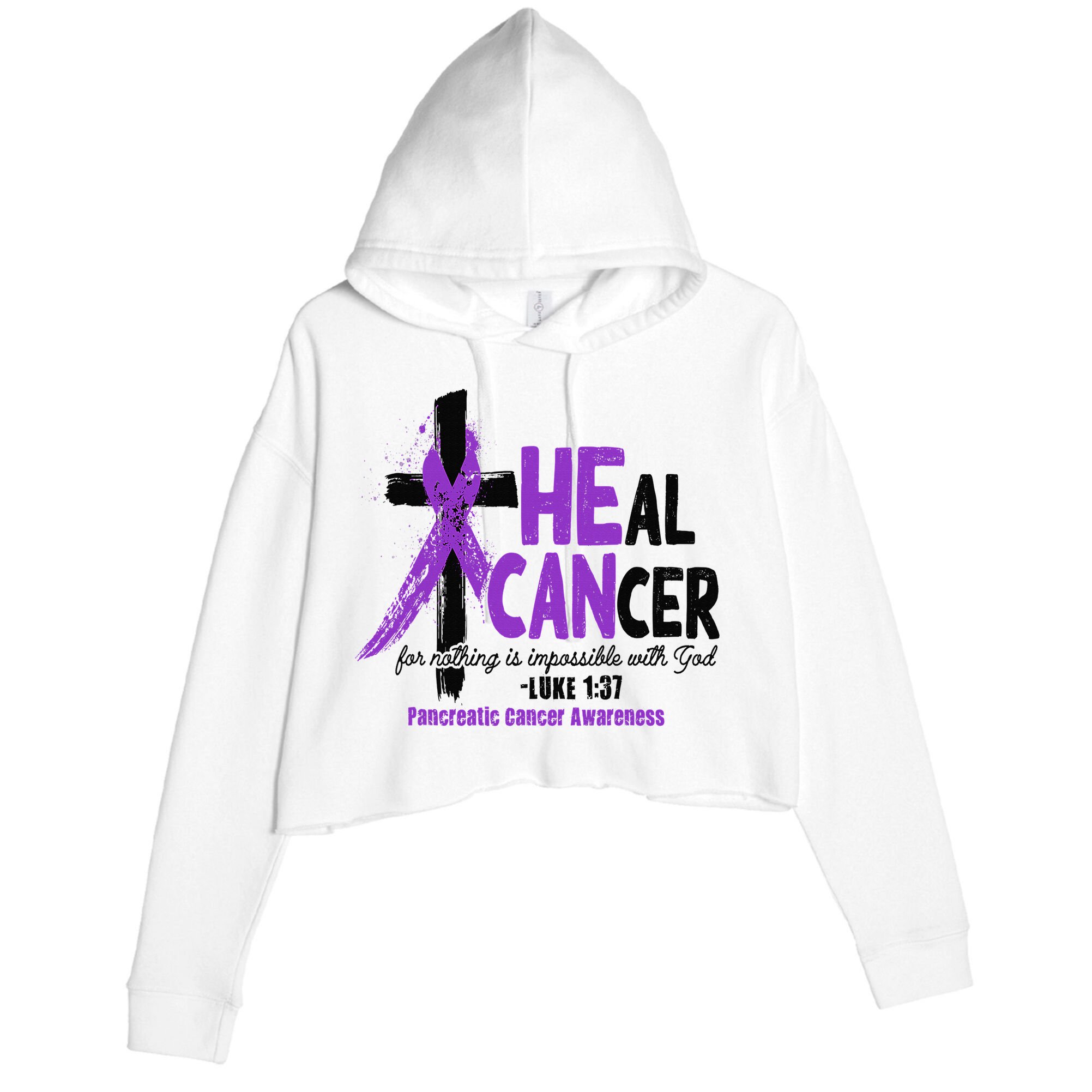 Christian Cross Pancreatic Cancer Awareness Purple Ribbon Crop Fleece Hoodie
