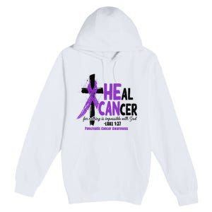 Christian Cross Pancreatic Cancer Awareness Purple Ribbon Premium Pullover Hoodie