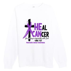 Christian Cross Pancreatic Cancer Awareness Purple Ribbon Premium Crewneck Sweatshirt