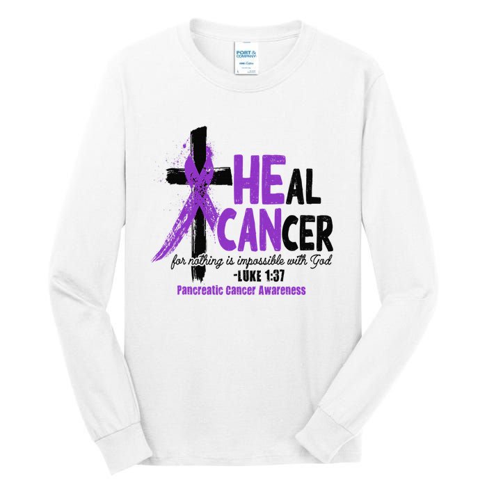 Christian Cross Pancreatic Cancer Awareness Purple Ribbon Tall Long Sleeve T-Shirt