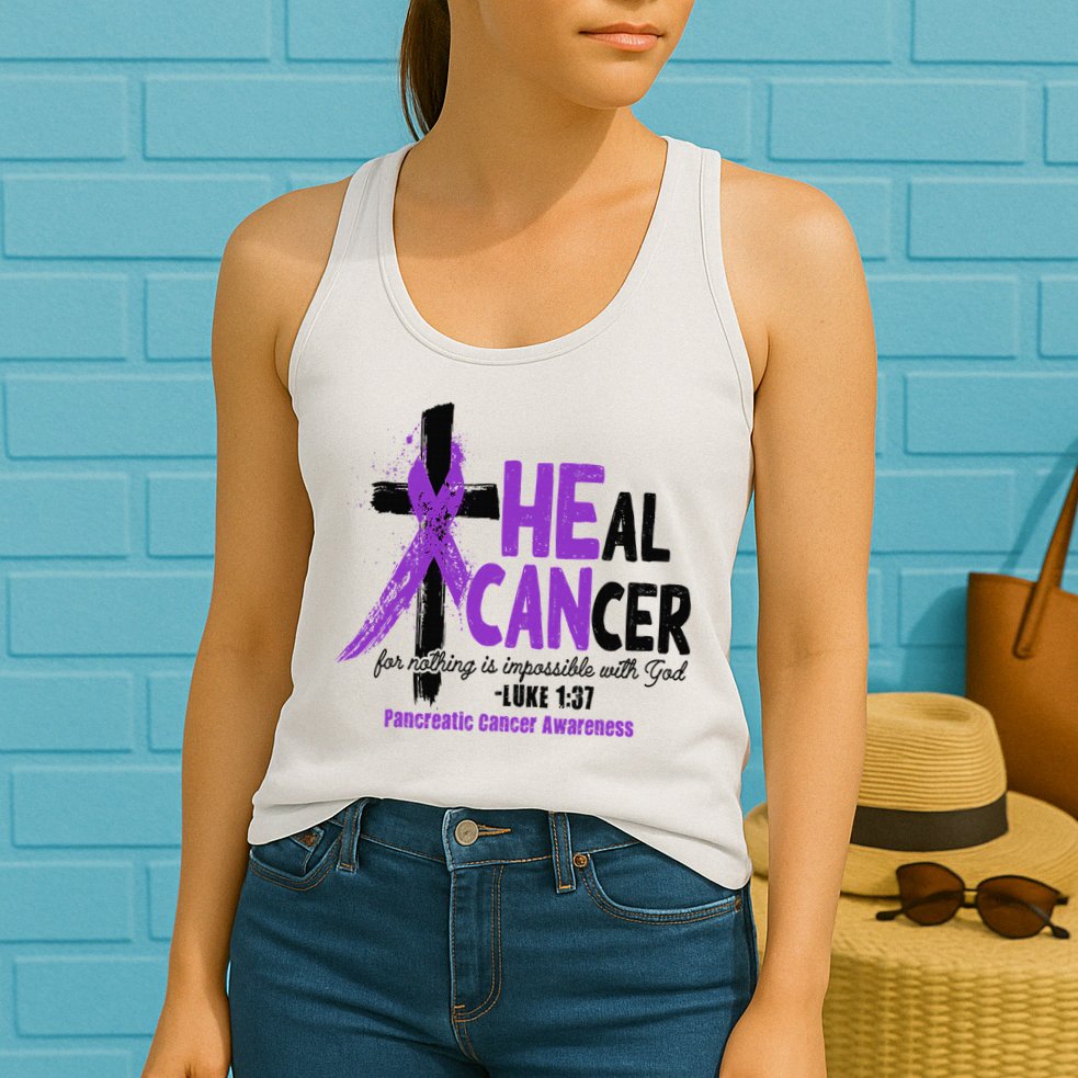 Christian Cross Pancreatic Cancer Awareness Purple Ribbon Womens Tank Top