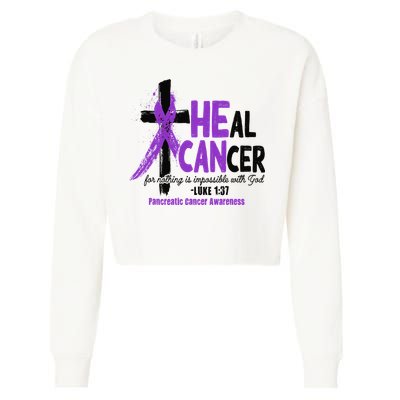 Christian Cross Pancreatic Cancer Awareness Purple Ribbon Cropped Pullover Crew