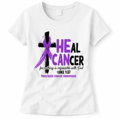 Christian Cross Pancreatic Cancer Awareness Purple Ribbon Womens T-Shirt