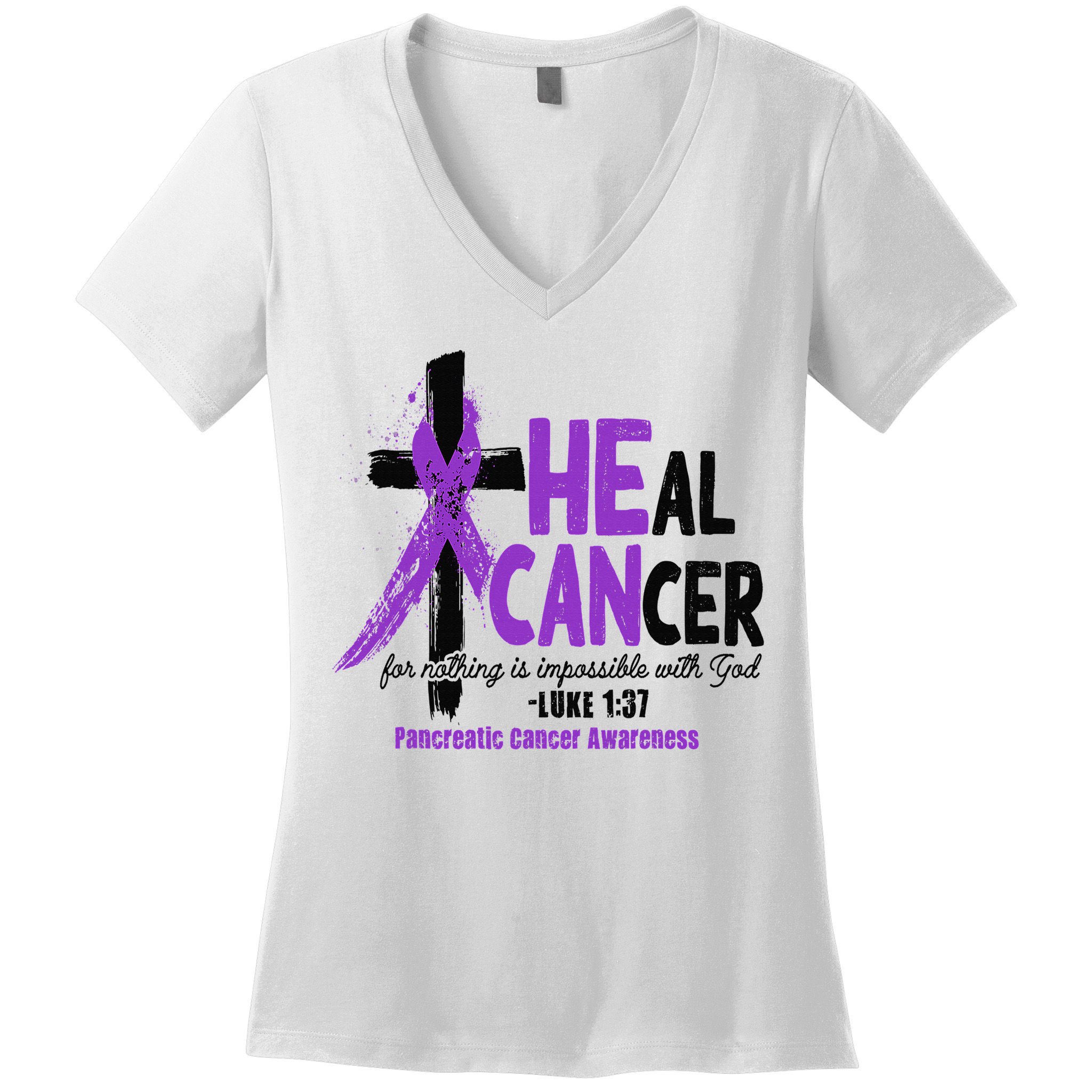 Christian Cross Pancreatic Cancer Awareness Purple Ribbon Women's V-Neck T-Shirt