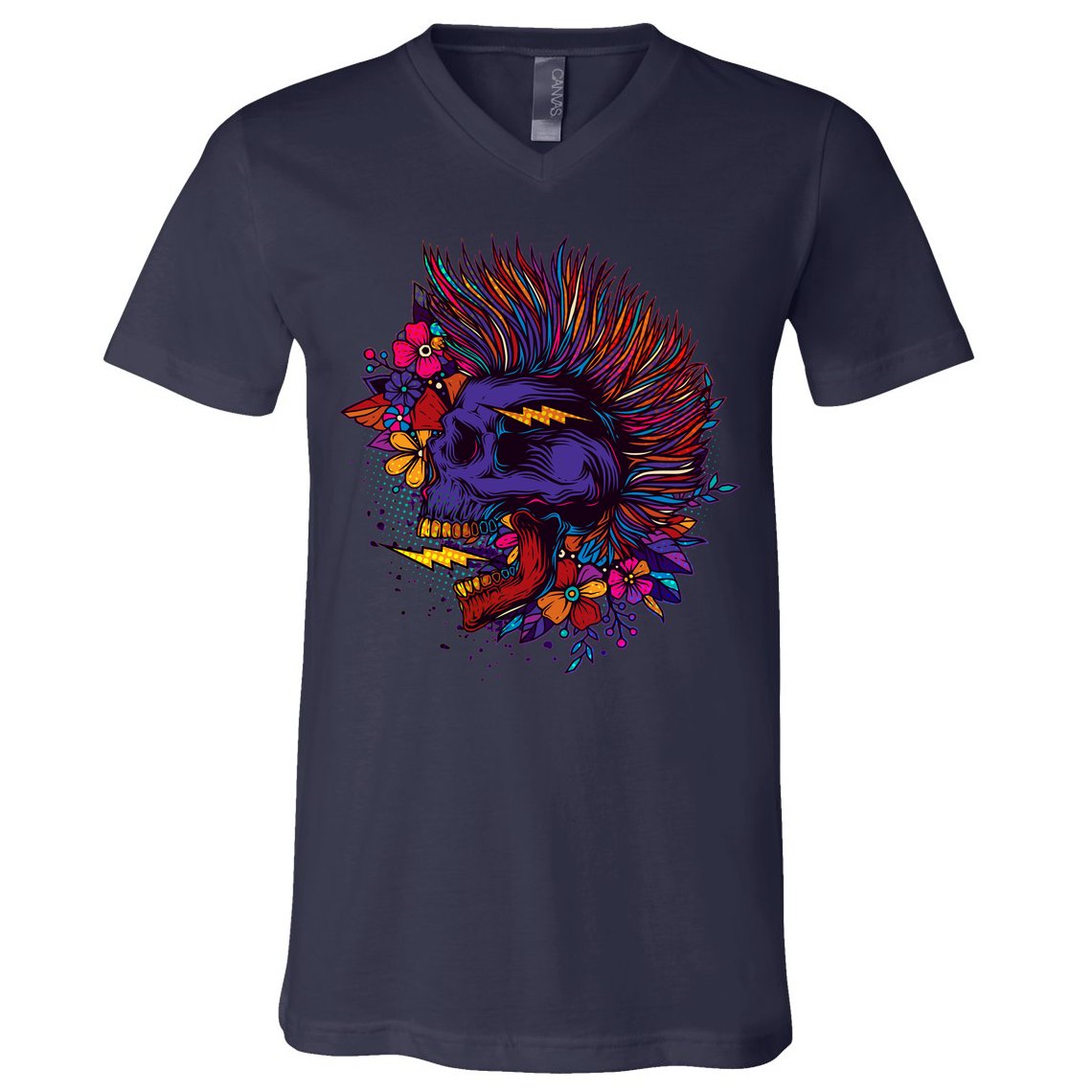 Cool Colorful Punk Mohawk Skull V-Neck T-Shirt