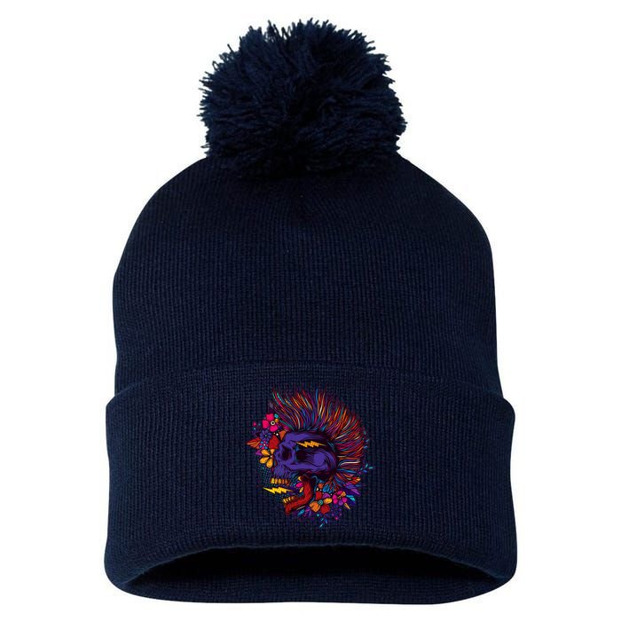 Cool Colorful Punk Mohawk Skull Pom Pom 12in Knit Beanie