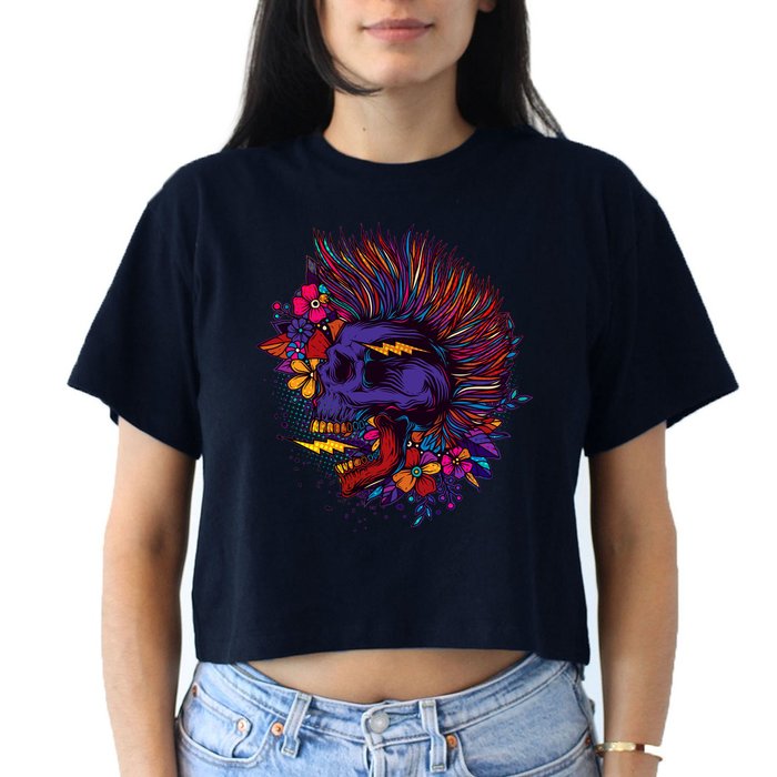 Cool Colorful Punk Mohawk Skull Crop Top