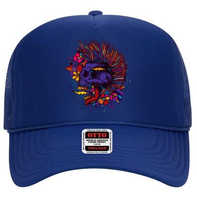 Cool Colorful Punk Mohawk Skull High Crown Mesh Back Trucker Hat