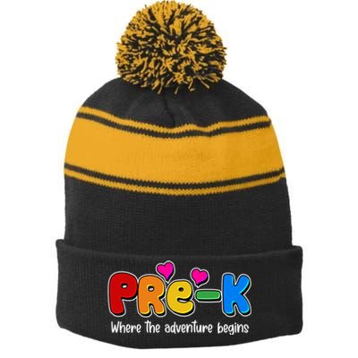 Cute Colorful Pre K Where The Adventure Begins Stripe Pom Pom Beanie