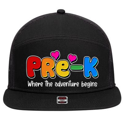 Cute Colorful Pre K Where The Adventure Begins 7 Panel Mesh Trucker Snapback Hat