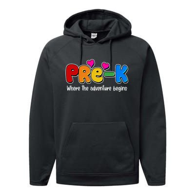 Cute Colorful Pre K Where The Adventure Begins Performance Fleece Hoodie