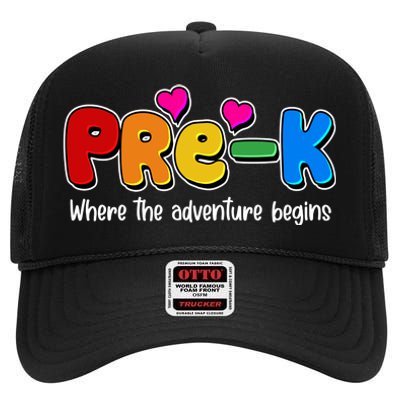 Cute Colorful Pre K Where The Adventure Begins High Crown Mesh Back Trucker Hat