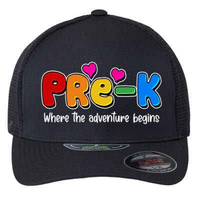 Cute Colorful Pre K Where The Adventure Begins Flexfit Unipanel Trucker Cap