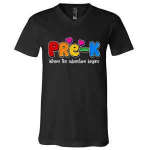 Cute Colorful Pre K Where The Adventure Begins V-Neck T-Shirt