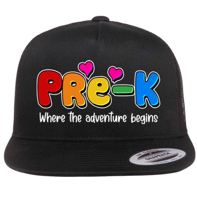 Cute Colorful Pre K Where The Adventure Begins Flat Bill Trucker Hat