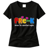 Cute Colorful Pre K Where The Adventure Begins Womens T-Shirt
