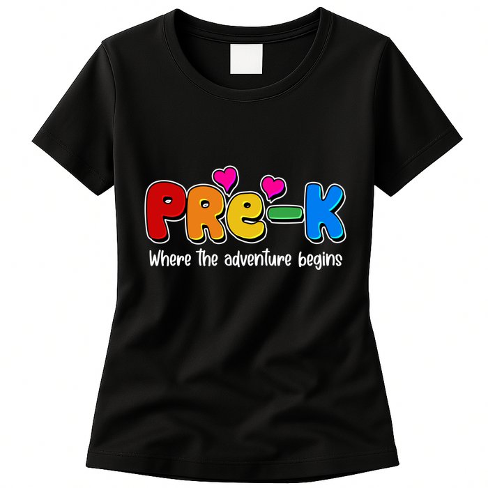 Cute Colorful Pre K Where The Adventure Begins Womens T-Shirt
