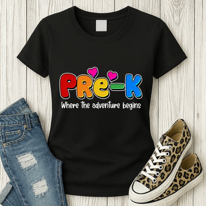 Cute Colorful Pre K Where The Adventure Begins Womens T-Shirt