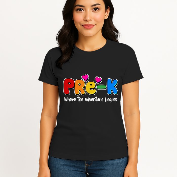 Cute Colorful Pre K Where The Adventure Begins Womens T-Shirt
