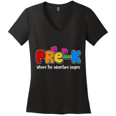 Cute Colorful Pre K Where The Adventure Begins Women's V-Neck T-Shirt