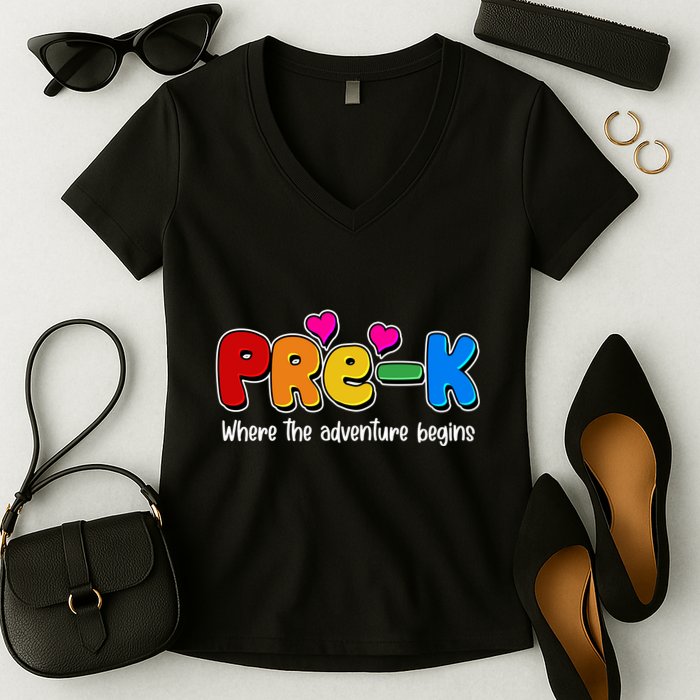 Cute Colorful Pre K Where The Adventure Begins Women's V-Neck T-Shirt