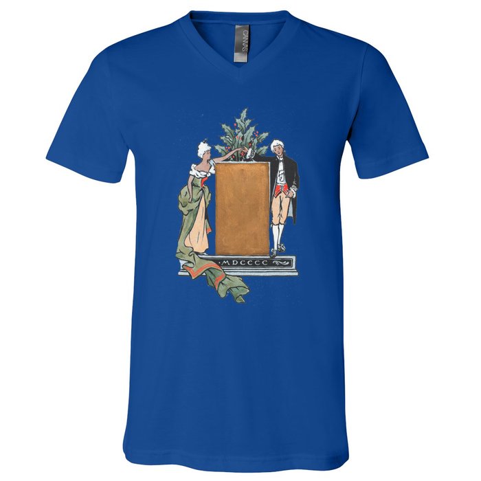 Colonial Christmas Party Vintage Illustration Funny Gift V-Neck T-Shirt