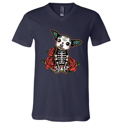 Calavera Chihuahua Playful Colorful Cute Dia De Los Muertos V-Neck T-Shirt