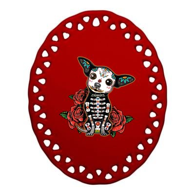 Calavera Chihuahua Playful Colorful Cute Dia De Los Muertos Ceramic Oval Ornament