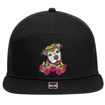 Cute Calavera Perro Dia De Los Muertos Halloween Dog 7 Panel Mesh Trucker Snapback Hat