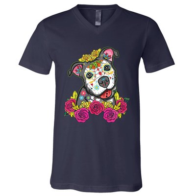 Cute Calavera Perro Dia De Los Muertos Halloween Dog V-Neck T-Shirt