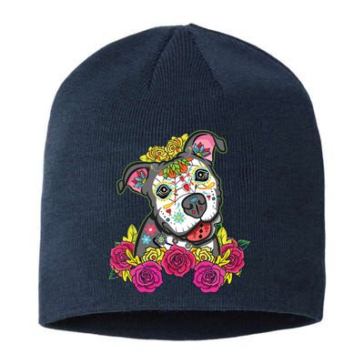 Cute Calavera Perro Dia De Los Muertos Halloween Dog Sustainable Beanie