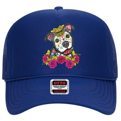 Cute Calavera Perro Dia De Los Muertos Halloween Dog High Crown Mesh Back Trucker Hat