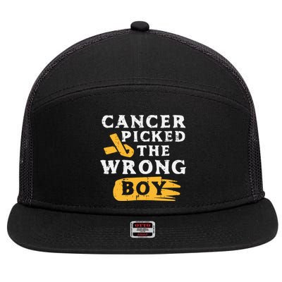 Childhood Cancer Picked The Wrong Boy Awareness Ribbon 7 Panel Mesh Trucker Snapback Hat