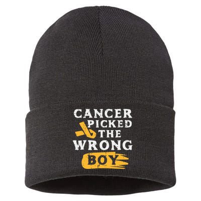 Childhood Cancer Picked The Wrong Boy Awareness Ribbon Sustainable Knit Beanie