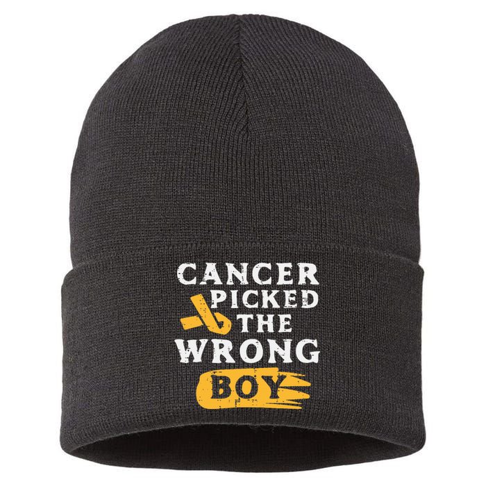 Childhood Cancer Picked The Wrong Boy Awareness Ribbon Sustainable Knit Beanie