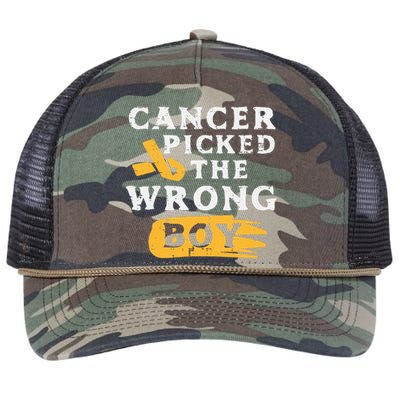 Childhood Cancer Picked The Wrong Boy Awareness Ribbon Retro Rope Trucker Hat Cap