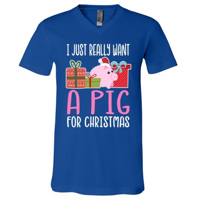 Cute Christmas Pig I Want A Pig Cool Gift V-Neck T-Shirt