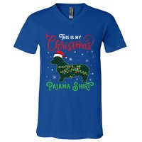 Corgi Christmas Pajama Plaid Santa Hat Lights Snowflakes Great Gift V-Neck T-Shirt