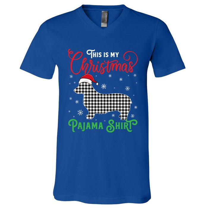 Corgi Christmas Pajama Plaid Santa Hat Lights Snowflakes Gift V-Neck T-Shirt