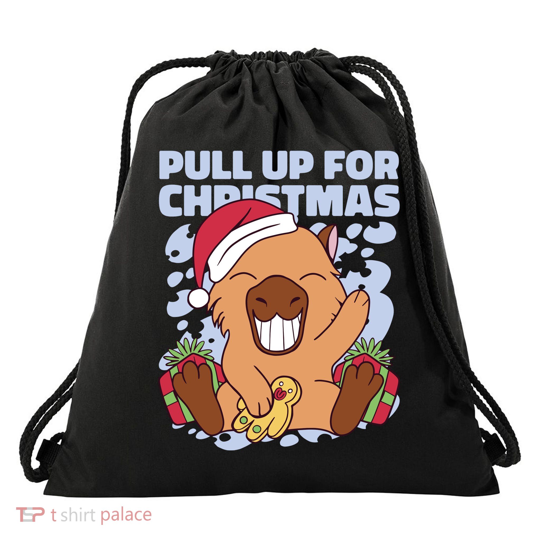 Christmas Capybara Pull Up Drawstring Bag