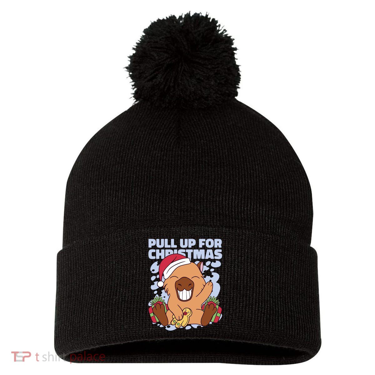 Christmas Capybara Pull Up Pom Pom 12in Knit Beanie