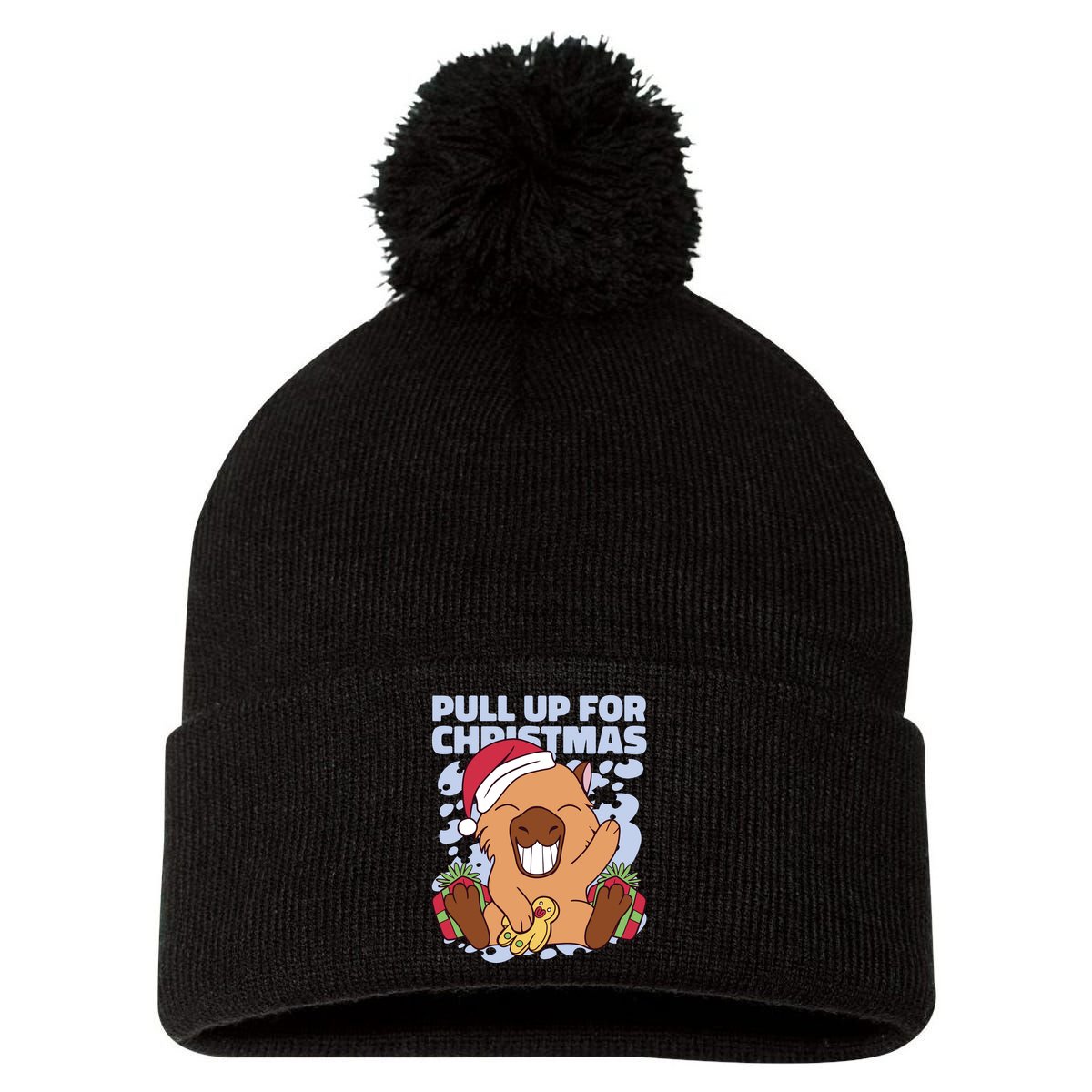 Christmas Capybara Pull Up Pom Pom 12in Knit Beanie