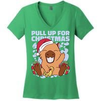 Christmas Capybara Pull Up Women's V-Neck T-Shirt
