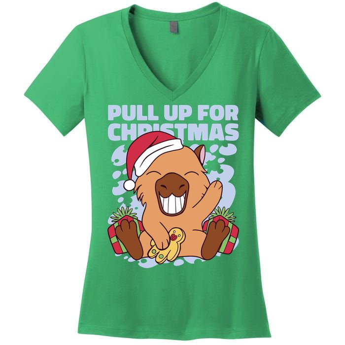 Christmas Capybara Pull Up Women's V-Neck T-Shirt
