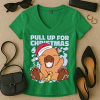 Christmas Capybara Pull Up Women's V-Neck T-Shirt